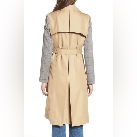 MURAL | NWT Nordstrom Double-Breasted Tan and Gray Plaid Belted Trench Coat - Picture 3 of 14